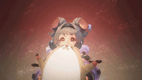 a cartoon girl with a cat 's head is holding a large white egg