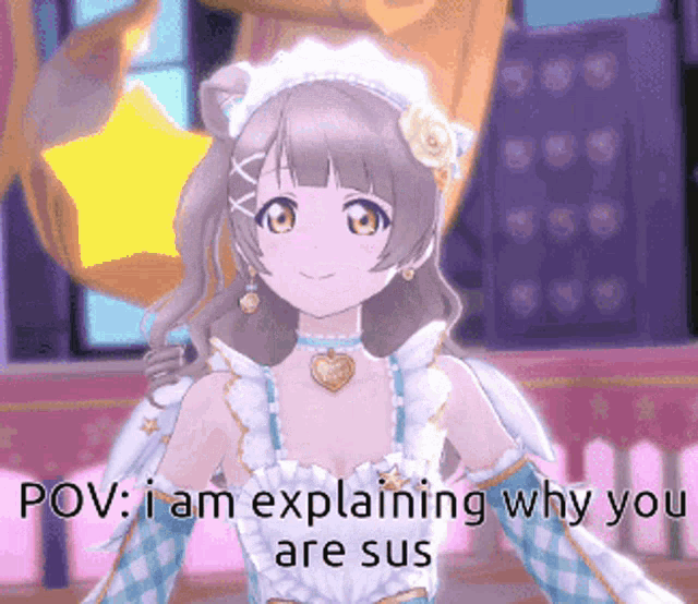 a girl with a star on her head is explaining why she is sus