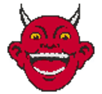 a pixel art drawing of a devil 's face with horns and a big smile .