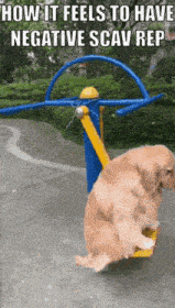 a picture of a dog on a seesaw with a caption that says how it feels to have negative scav rep