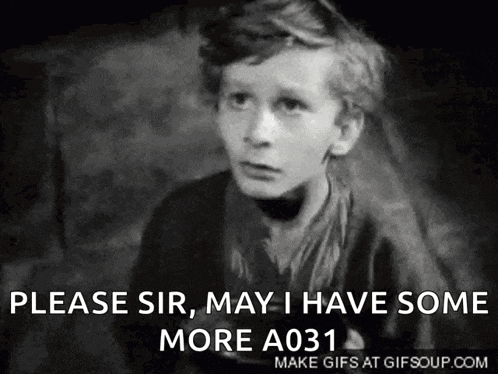 a black and white photo of a boy with the words `` please sir , may i have some more a031 '' .