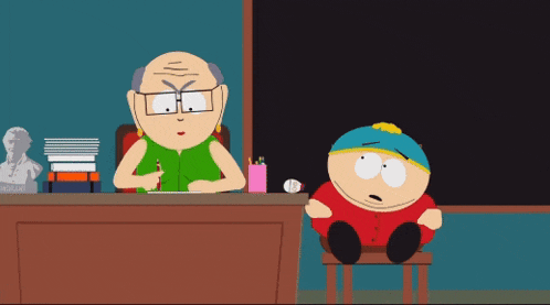 a cartoon of a man sitting at a desk next to a boy sitting on a stool