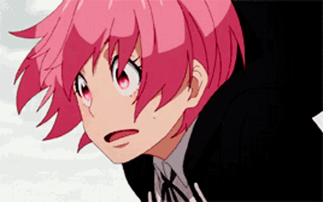 a girl with pink hair and red eyes looks surprised