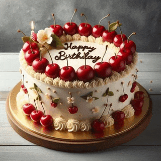 a birthday cake with cherries on it and the words happy birthday written on it