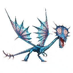 a blue dragon with wings and horns is flying in the air on a white background .