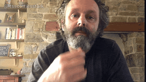 a man with a beard in front of a stone fireplace has the hashtag @itsscottiesstark on the bottom right
