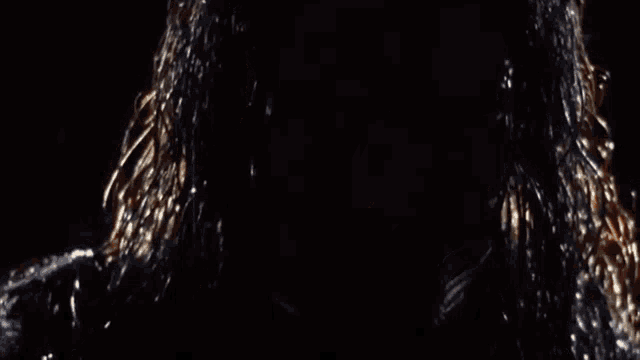 a man with long hair and a beard is looking at the camera in a dark room .