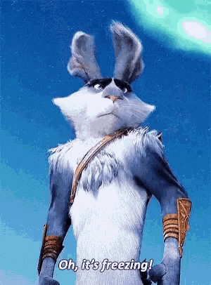 a cartoon rabbit says oh it 's freezing in front of a blue sky