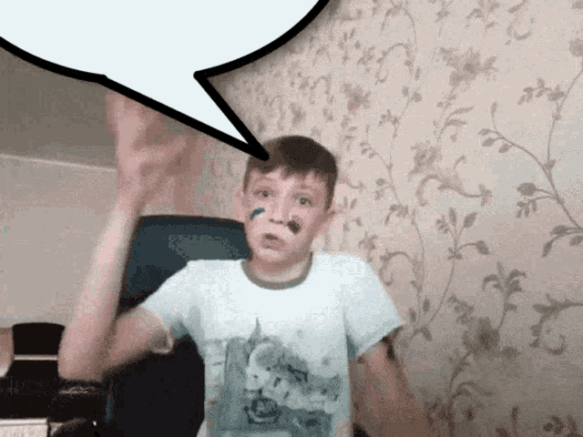 a boy with a speech bubble above his head is making a funny face