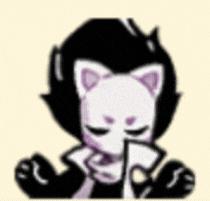 a cartoon of a cat with purple ears holding a piece of paper .