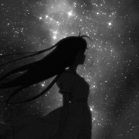 a black and white photo of a girl with long hair