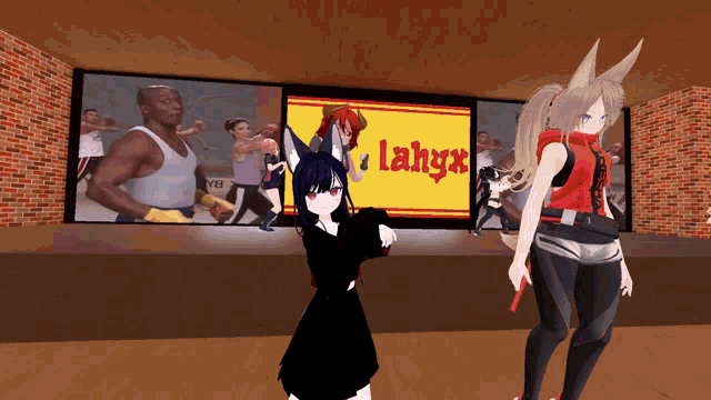 a group of anime characters are standing in front of a sign that says lahyx