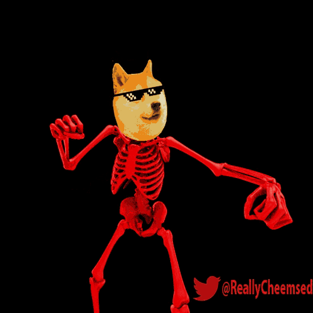 a doge wearing sunglasses is standing next to a red skeleton that says reallycheemed