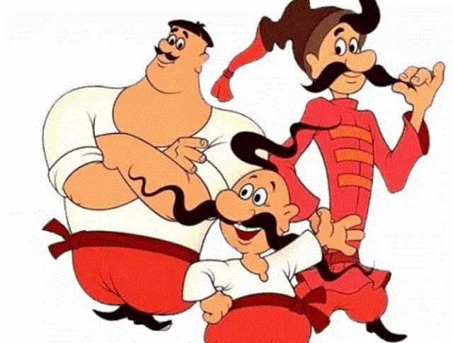 a group of three cartoon characters with mustaches are standing next to each other on a white background .