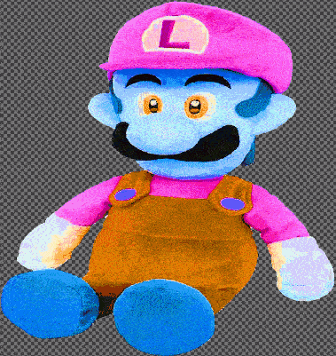 a stuffed mario wearing a pink hat with the letter l