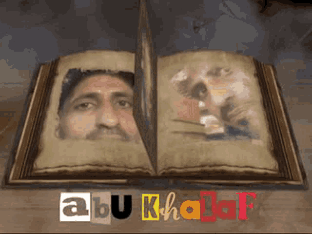 an open book with a picture of a man and the words abu khalid on the top
