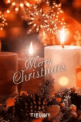 a merry christmas greeting card with two lit candles and pine cones