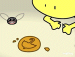 a cartoon character is smiling next to a coin with an umbrella drawn on it .
