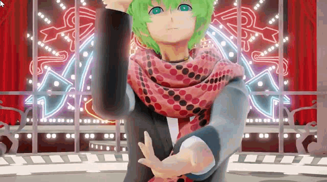 a girl with green hair and a scarf is dancing on a stage in front of a neon sign .