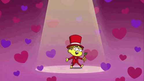 a cartoon character in a top hat is surrounded by hearts on a pink background