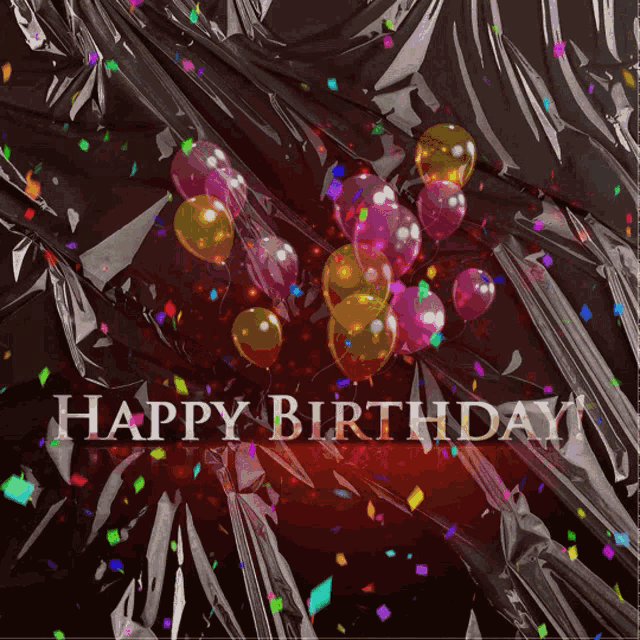 a happy birthday card with balloons and confetti on it