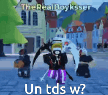 a cartoon character is walking down a street with the words un tds w written on it .