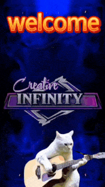 a cat is playing a guitar in front of a welcome sign