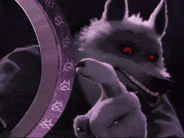 a wolf with red eyes is holding a stuffed animal in front of a mirror