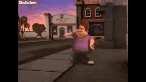 a cartoon character is walking down a sidewalk in front of a barber shop .
