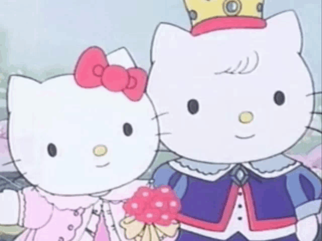 a couple of hello kitty cartoon characters standing next to each other .