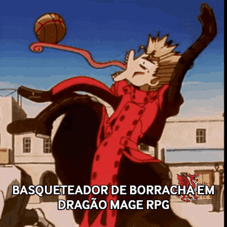 a cartoon of a man kicking a basketball with the words basqueteador de borrachaem dragao mage rpg below him
