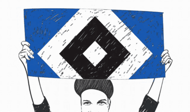 a drawing of a person holding a blue and white flag with a square on it