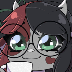 a cartoon character with horns and glasses is holding a cup