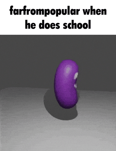 a purple bean with a face on it is standing on a table .
