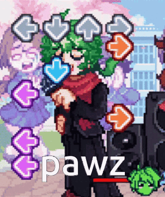 a pixel art drawing of a boy with green hair and the word pawz on the bottom