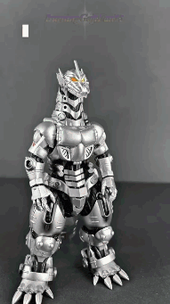 a silver robot with a yellow eye is standing on a black surface