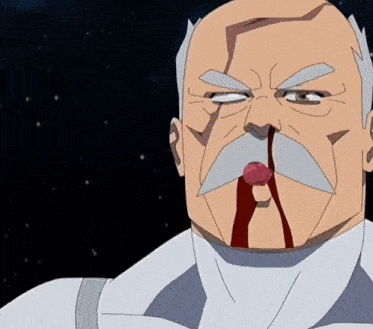a bald man with a mustache has blood running from his nose