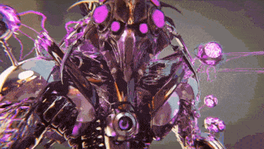 a purple and silver robot with purple eyes