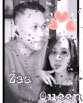 a black and white photo of a man and a woman with the words zaa queen written above them