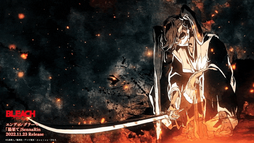 a poster for bleach shows a samurai holding a sword