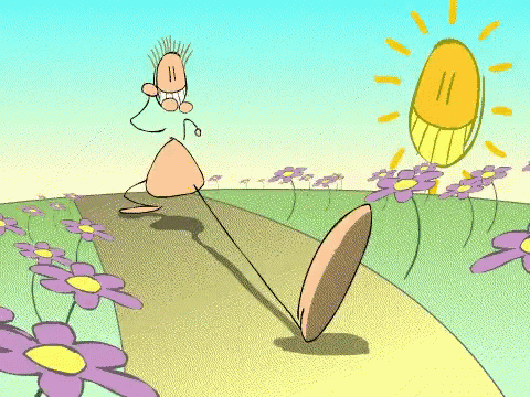 a cartoon drawing of a man walking down a path with purple flowers