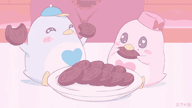 a cartoon of two penguins eating cookies with 27kb written on the bottom right