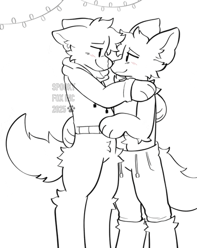 a black and white drawing of two foxes hugging with the year 2025 on the bottom right