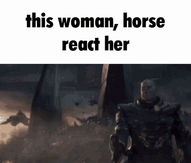 a man in armor is standing in front of a crowd of people and says this woman , horse react her .