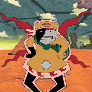 a cartoon character with a yellow shirt and a green scarf on
