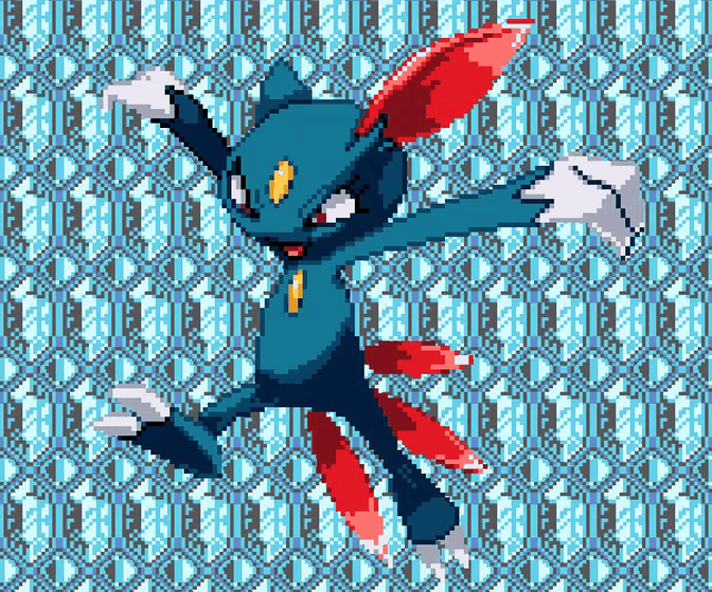 a pixel art drawing of a blue and red rabbit