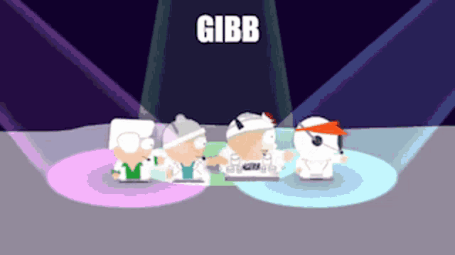 a group of cartoon characters are standing in front of a spotlight and the name gibb is visible above them