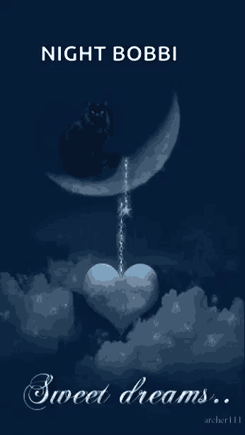 a black cat is sitting on a crescent moon with a heart hanging from it ..