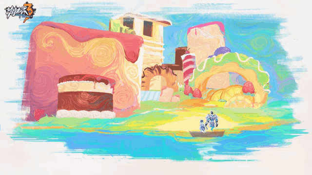 a colorful painting of a castle with chinese writing on the bottom right