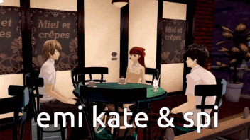 a group of anime characters are sitting at a table with the words emi kate & spi on the bottom right
